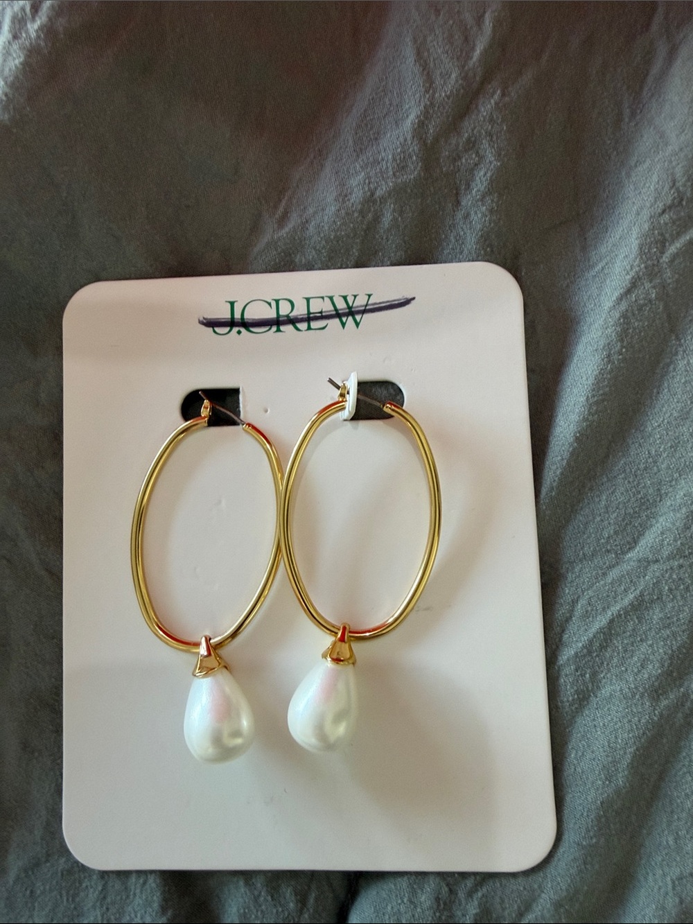 J. Crew Gold Oval Hoop Earrings with White Pearl Drops